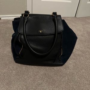 Navy blue leather and suede Tory Burch bag